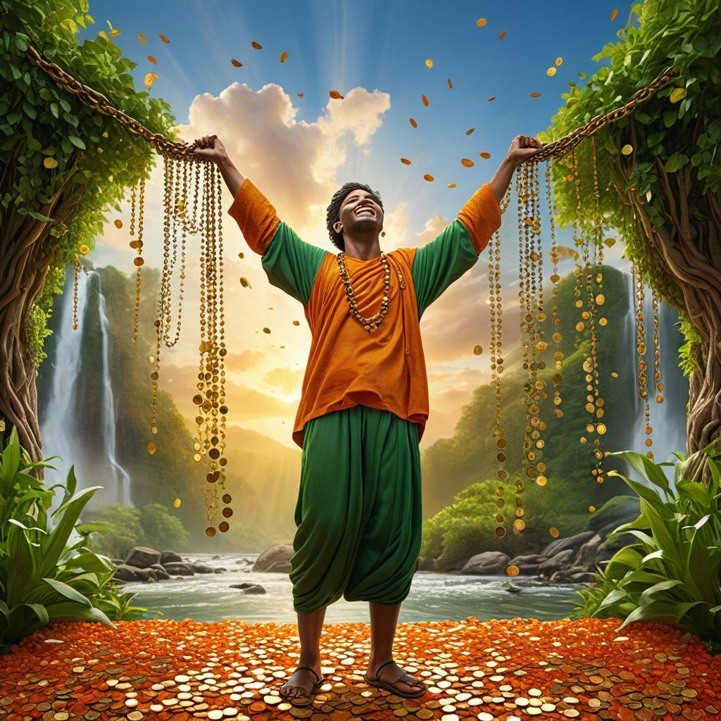 A transformative scene showcasing a person joyfully breaking free from chains labeled 'Debt' and stepping into a bright, flourishing landscape filled with cash flow symbols like flowing streams of coins, green plants representing prosperity, and charts ascending towards the sky. The sky is bright and hopeful, symbolizing success and freedom. super-realistic. vibrant colors. bright background.