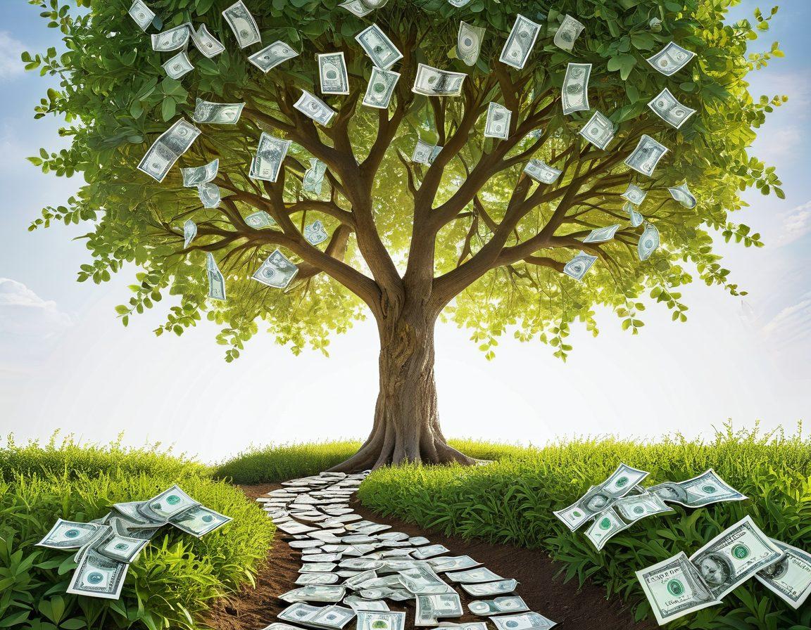 A visually striking representation of a growing tree whose branches are made of dollar bills, symbolizing wealth and growth. Surround the tree with coins, calculators, and smart devices, illustrating savvy spending and saving. Incorporate a radiant sun and vibrant green leaves to add a sense of positivity and prosperity. Include a garden path leading towards a bright horizon, inviting viewers into the journey of financial success. super-realistic. vibrant colors. white background.